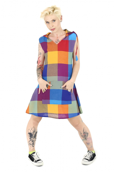 Tunică fără mâneci cu glugă în carouri - Multicolor [2]