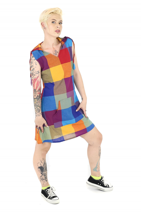 Tunică fără mâneci cu glugă în carouri - Multicolor [3]