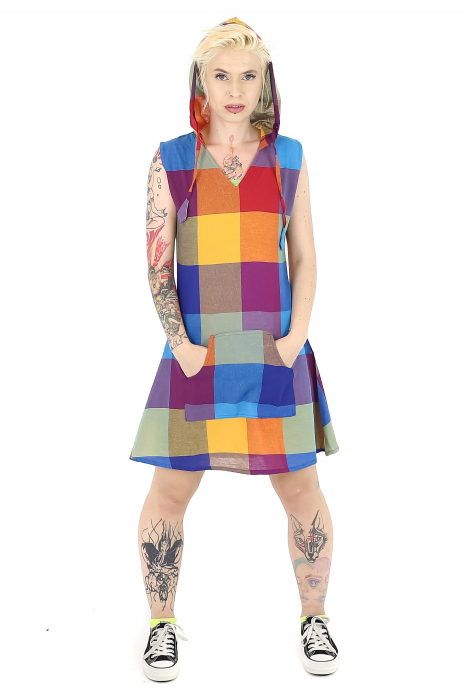 Tunică fără mâneci cu glugă în carouri - Multicolor [4]