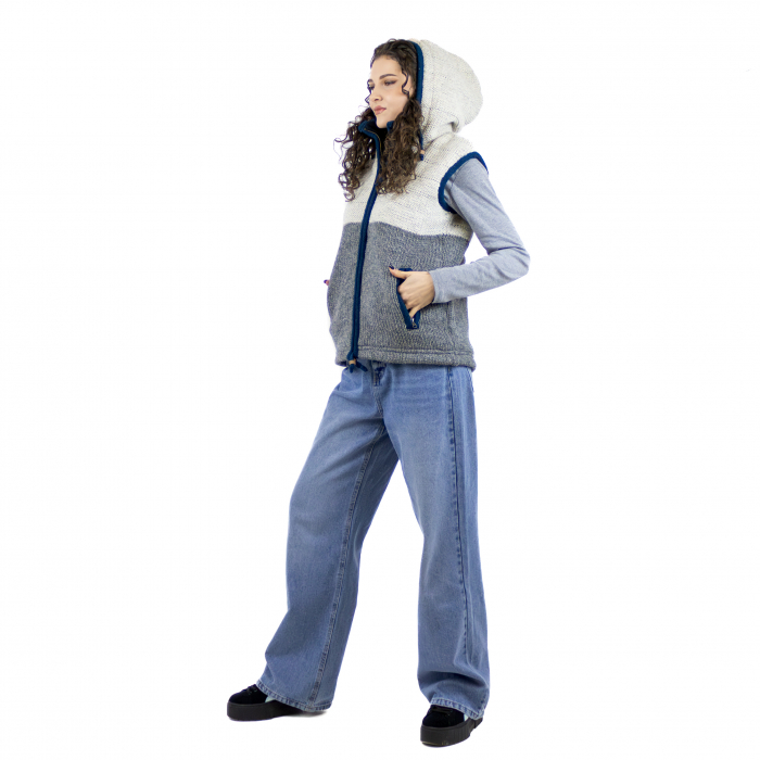 Vestă din 100% lână căptușită cu polar și glugă - Gri și alb [2]