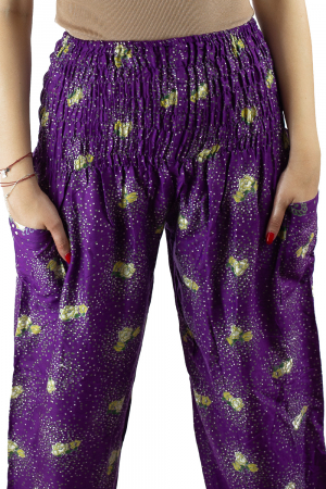Pantaloni lejeri mov cu flori galbene si doua buzunare [1]