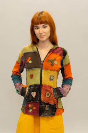 Hanorace - Hanorac damă din bumbac cu fermoar  - Model Patch Multicolor