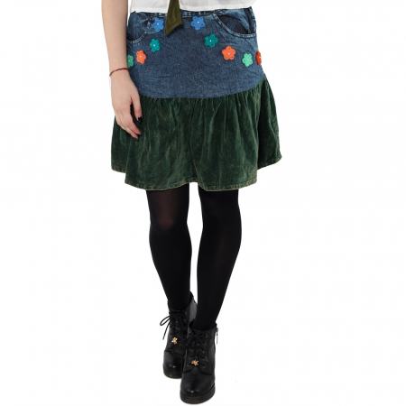 Fusta bumbac 100% - denim cu flori, verde [2]