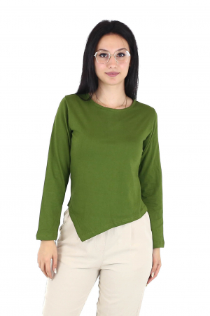 Topuri - Bluza asimetrica intr-o culoare din bumbac cu maneca lunga - Verde