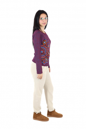 Bluza cu maneca lunga cu print all over si broderie mandala - Visiniu [2]
