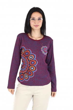 Topuri - Bluza cu maneca lunga cu print all over si broderie mandala - Visiniu