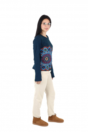 Bluza cu maneca lunga cu print all over si broderie mandala - Visiniu [2]