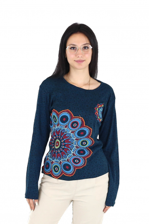 Bluza cu maneca lunga cu print all over si broderie mandala - Visiniu [0]