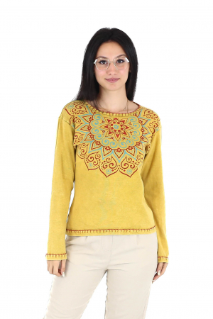 Topuri - Bluza cu maneca lunga din bumbac cu print mandala si detalii la guler - Mustar