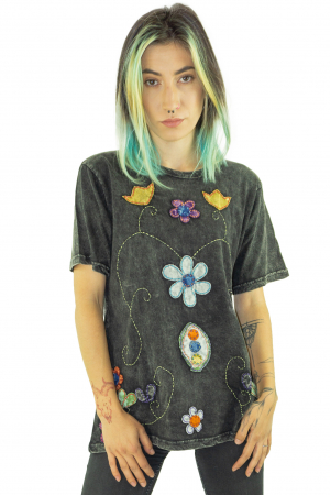 Bluza cu maneca scurta si broderie - Gri inchis [0]