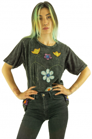 Bluza cu maneca scurta si broderie - Gri inchis [5]