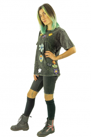 Bluza cu maneca scurta si broderie - Gri inchis [2]