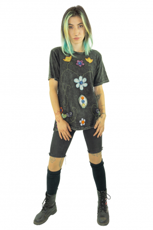 Bluza cu maneca scurta si broderie - Gri inchis [1]