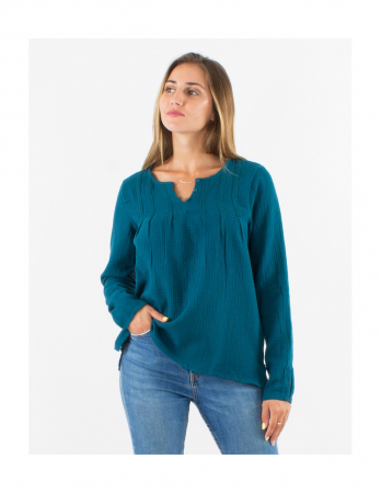 Bluză din material creponat și dantelă - Teal [1]