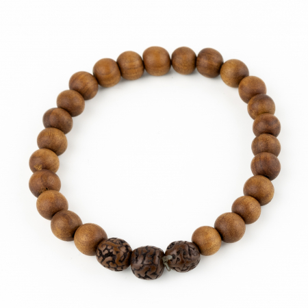 Bijuterii - Bratara Fixa din Lemn de Santal cu Margele Rudraksha - Maro Deschis