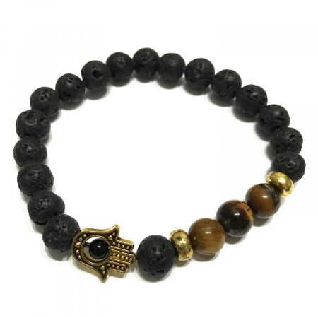 Bijuterii - Brățară Lava Stone - Pietre Semiprețioase Tiger Eye și Talisman Hamsa