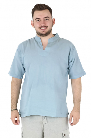 Cămăși - Camasa cu maneca scurta soft cotton si guler in V - Albastru Prafuit