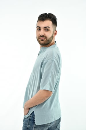 Camasa cu maneca scurta soft cotton si guler in V - Albastru Prafuit [8]