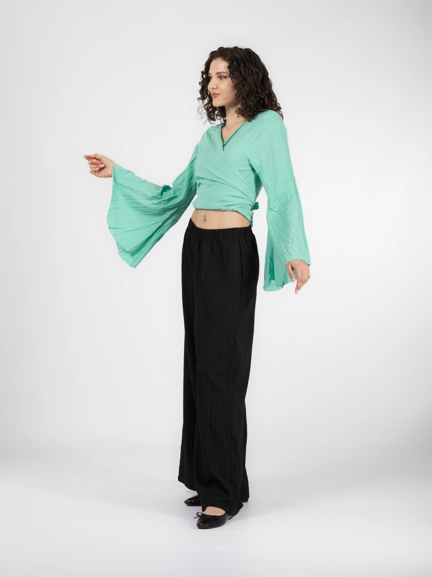 Crop Top Boho cu Mâneci Tip Clopot - Mentă [4]