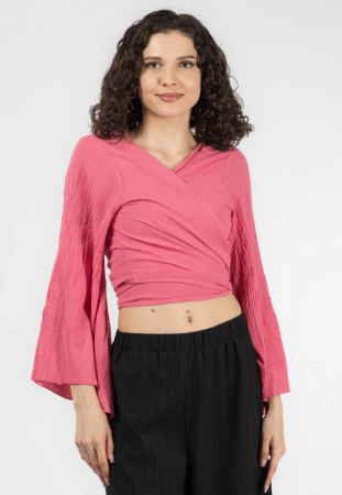 Topuri - Crop Top Boho cu Mâneci Tip Clopot - Roz