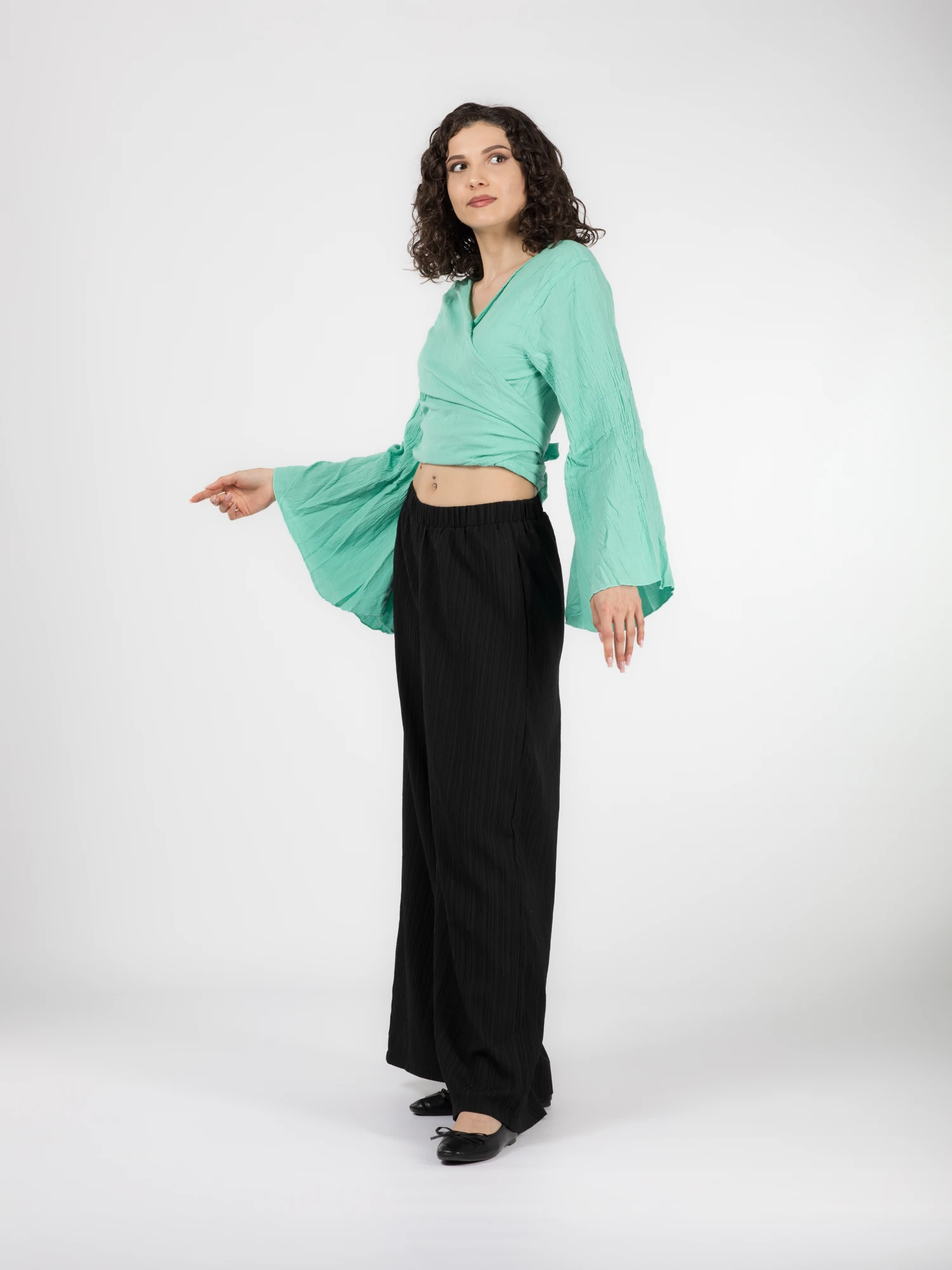 Crop Top Boho cu Mâneci Tip Clopot - Mentă [3]