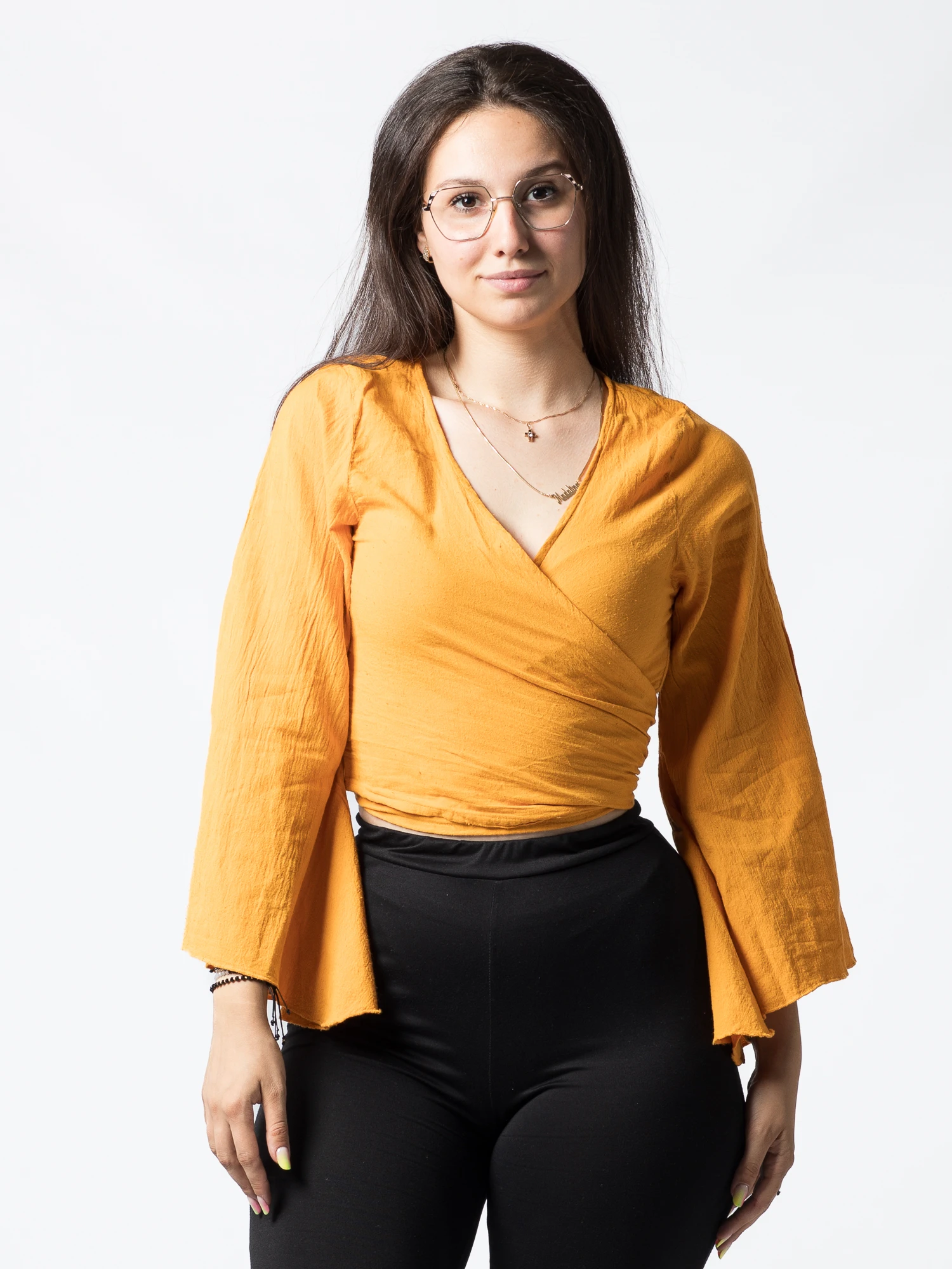 Crop Top Boho din Bumbac cu Mâneci Largi și Prindere în Față - Alb [0]