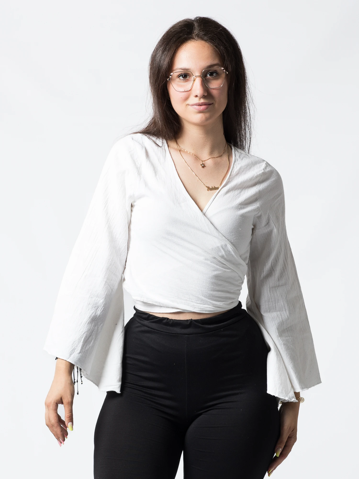 Topuri - Crop Top Boho din Bumbac cu Mâneci Largi și Prindere în Față - Alb