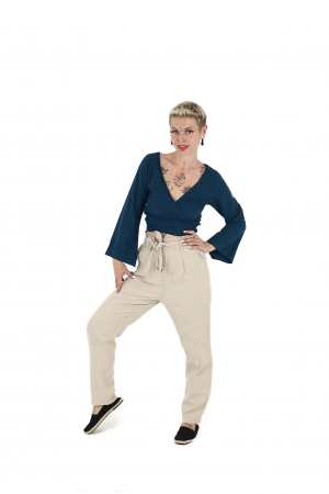 Crop top din bumbac într-o culoare - Teal [3]