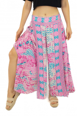 Pantaloni - Pantaloni din material fluid petrecuti cu print floral - Model 13