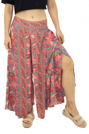 Pantaloni - Pantaloni din material fluid petrecuti cu print floral - Model 13