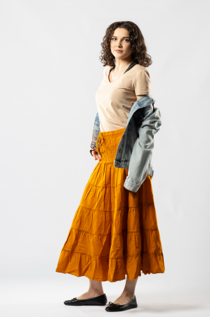 Fustă Boho Midi cu Bandă Lată și Elastică în Talie - Muștar [6]