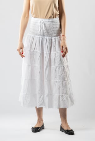 Fuste - Fustă Boho Midi cu Bandă Lată și Elastică în Talie - Alb