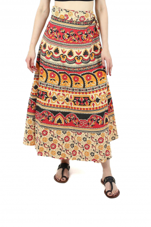 Fuste - Fusta din bumbac cu croi wrap si motive florale orientale - Portocaliu