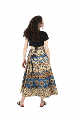 Fusta din bumbac cu croi wrap si motive florale orientale - Crem [3]