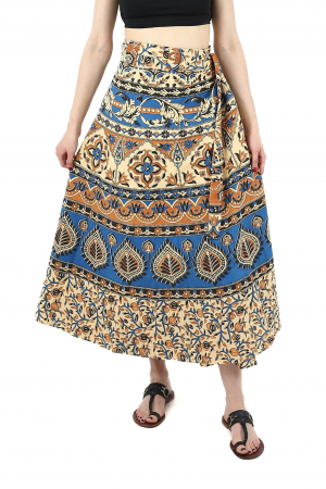 Fuste - Fusta din bumbac cu croi wrap si motive florale orientale - Crem