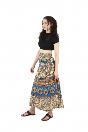 Fusta din bumbac cu croi wrap si motive florale orientale - Crem [2]