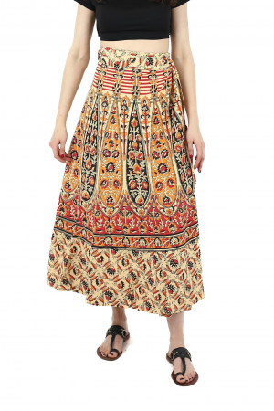 Fuste - Fusta din bumbac cu croi wrap si motive florale orientale - Multicolor