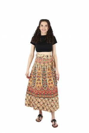 Fusta din bumbac cu croi wrap si motive florale orientale - Multicolor [1]