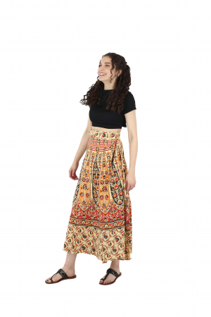 Fusta din bumbac cu croi wrap si motive florale orientale - Multicolor [2]