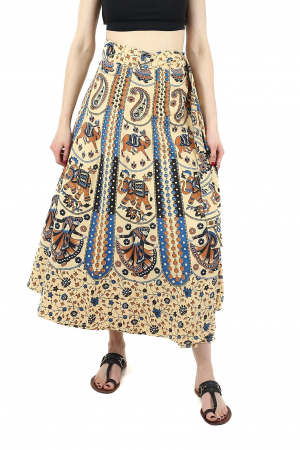 Fuste - Fusta din bumbac cu croi wrap si motive hinduse - Crem