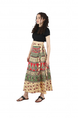 Fusta din bumbac cu croi wrap si motive orientale - Crem [2]