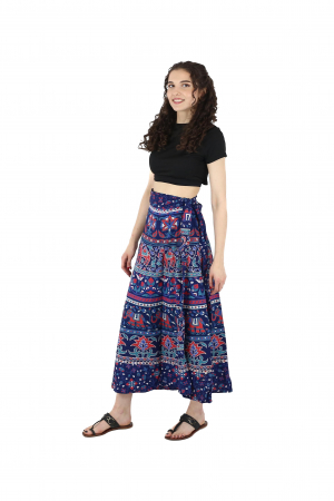 Fusta din bumbac cu croi wrap si motive orientale - Albastru [2]