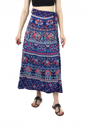 Fusta din bumbac cu croi wrap si motive orientale - Albastru [0]