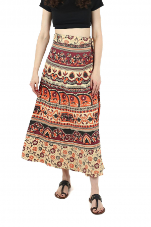 Fuste - Fusta din bumbac cu croi wrap si motive florale orientale - Visiniu