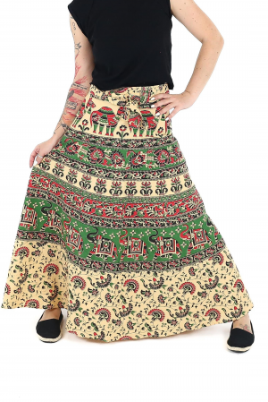 Fuste - Fustă din bumbac cu croi wrap și motive orientale - Verde