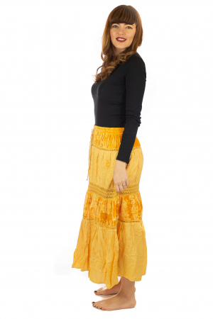 Fusta din bumbac si catifea cu volane - Galben [3]