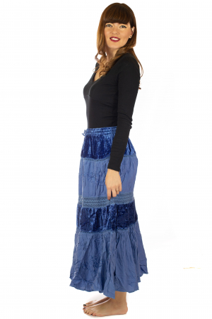 Fusta din bumbac si catifea cu volane - Albastru [3]