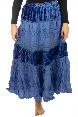 Fusta din bumbac si catifea cu volane - Albastru [1]