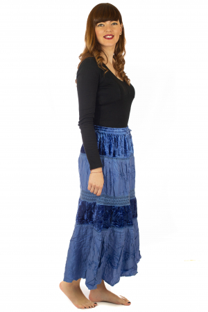 Fusta din bumbac si catifea cu volane - Albastru [4]