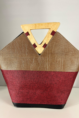 Geantă Tote -Piesă Unicat- din Sisal cu Mânere Triunghiulare din Lemn – Eleganță Africana autentica - Gri-Vișiniu [3]